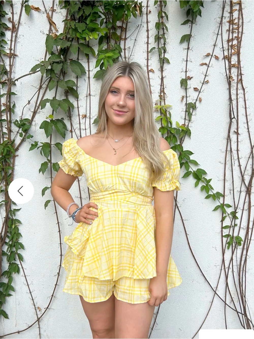 HYFVE Yellow Plaid Mini Dress with Puff Sleeves